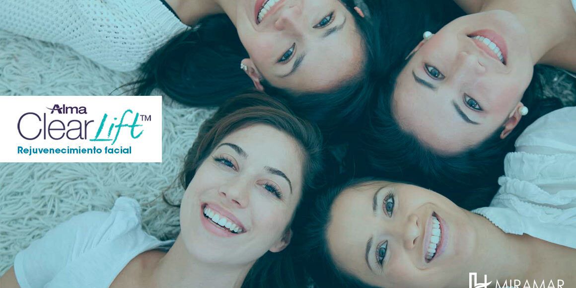 clearlift Banner Alma ClearLift Rejuvenecimiento facial, tres mujeres sonrientes tumbadas boca arriba