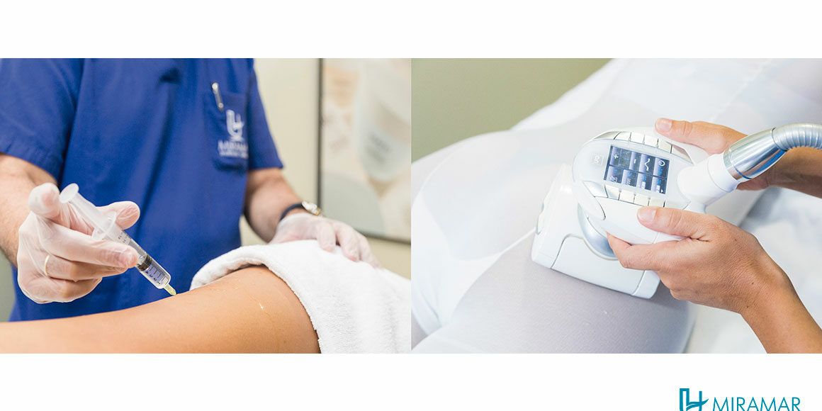 celulitis Collage de tratamiento de celulitis en el Instituto Médico Miramar: inyección de mesoterapia y aparato de radiofrecuencia aplicados en la piel