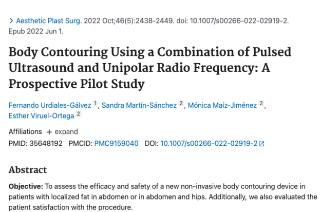 Captura de PubMed del estudio piloto sobre contorno corporal combinando ultrasonido pulsado y radiofrecuencia unipolar, coautoría del Dr. Fernando Urdiales-Gálvez de Instituto Médico Miramar