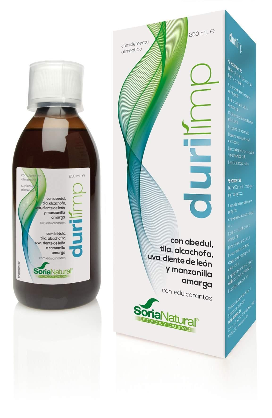 Botella y caja de Durilimp de Soria Natural, complemento alimenticio en frasco ámbar de 250 ml