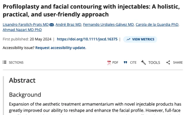 Captura de página científica del artículo sobre profiloplastia y contorno facial con inyectables, coautoría del Dr. Fernando Urdiales-Gálvez de Instituto Médico Miramar