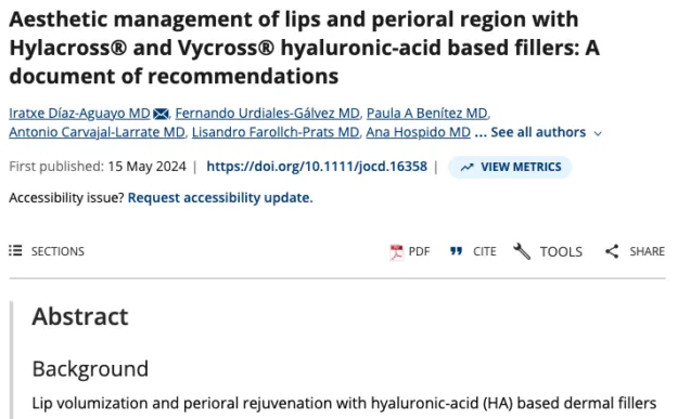 Captura de página científica del documento de recomendaciones sobre manejo estético de labios y región perioral con rellenos de ácido hialurónico Hylacross y Vycross, coautoría del Dr. Fernando Urdiales-Gálvez de Instituto Médico Miramar